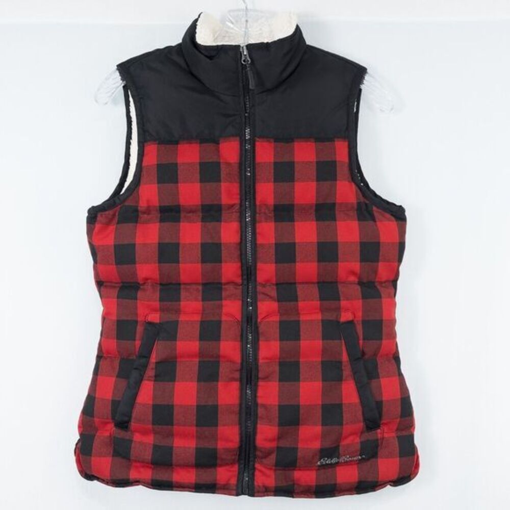 Eddie Bauer EB650 Fleece Lined Down Puffer Vest Womens XS Red Buffalo Plaid